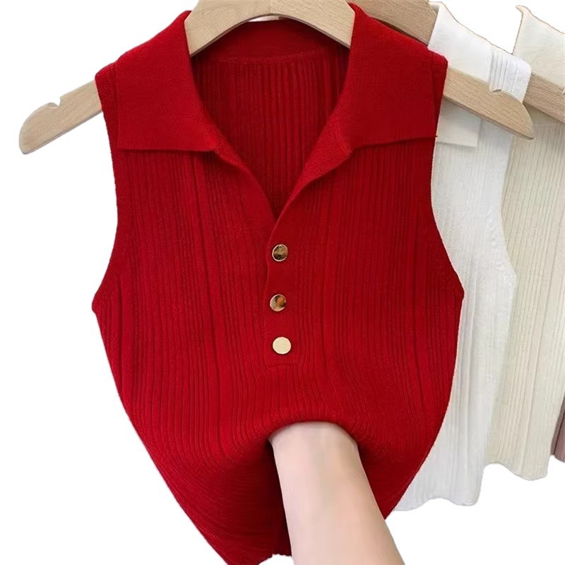 Ice Silk Lapel Top for Summer and Autumn, Thin Knit Polo Sleeveless Camisole Vest for Women, Slim Fit