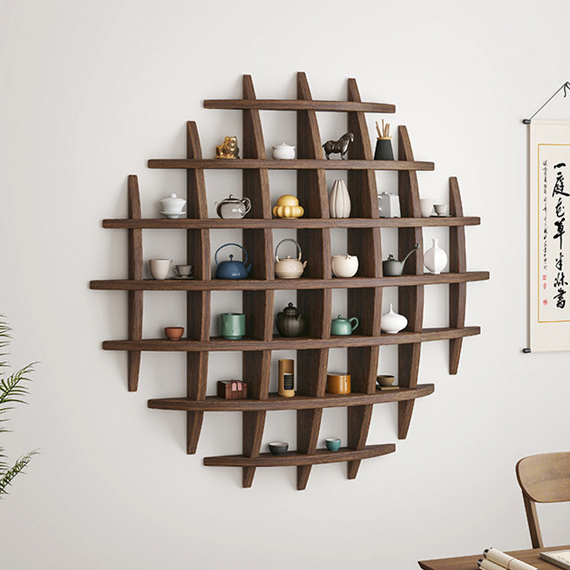 Wall-Mounted Solid Wood Chinese-Style Tea Cup Rack, Multi-Treasure Shelf Grid Rack Storage Rack Background Display