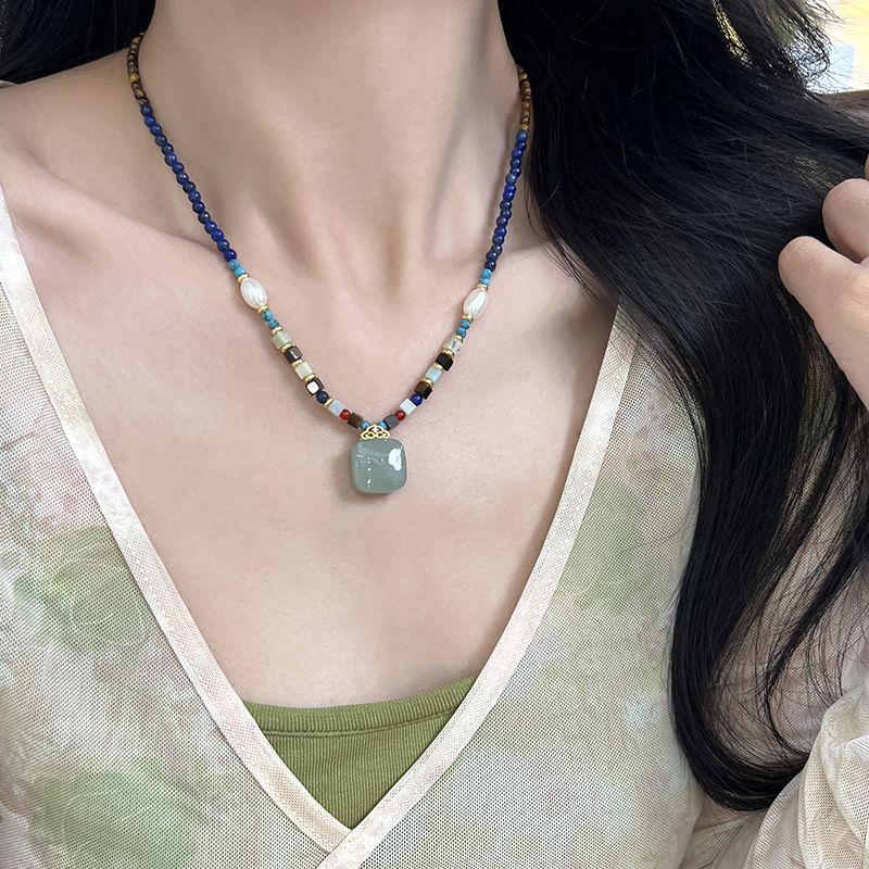 New Chinese Natural Hetian Jade Wuzhan Brand Pearl National Style Necklace High-grade Light Luxury Clavicle Chain Elegant Women