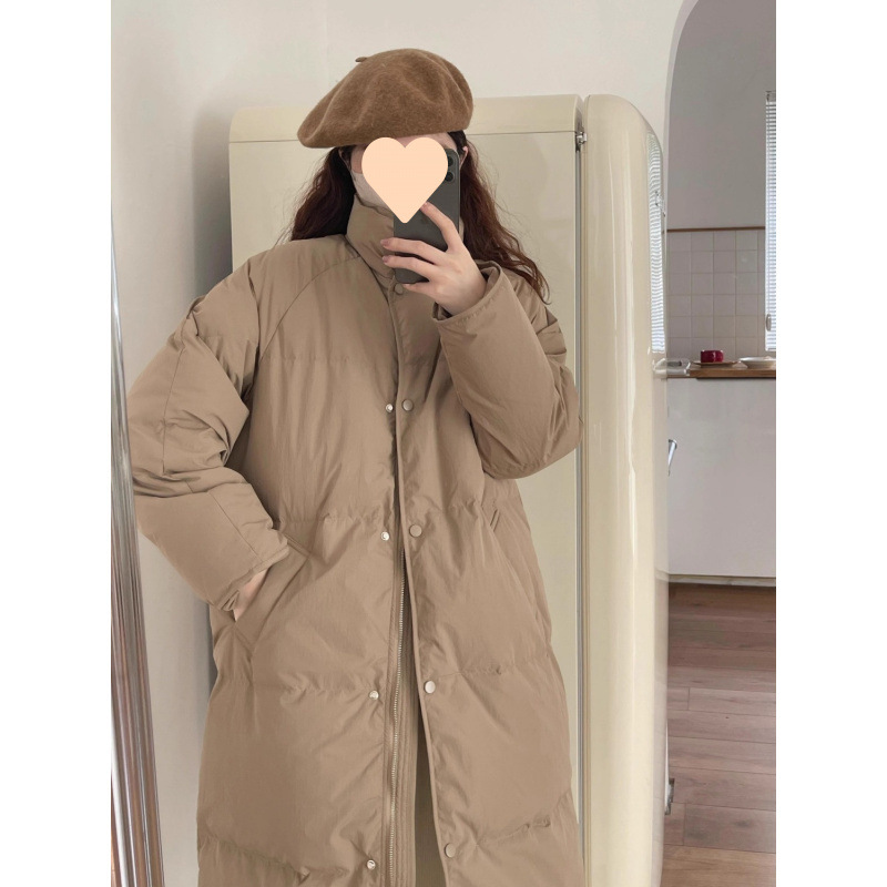 Green Down Jacket Women's Mid-length 2024 New Korean Loose Niche Design Sense Vertical Collar White Duck Down Jacket