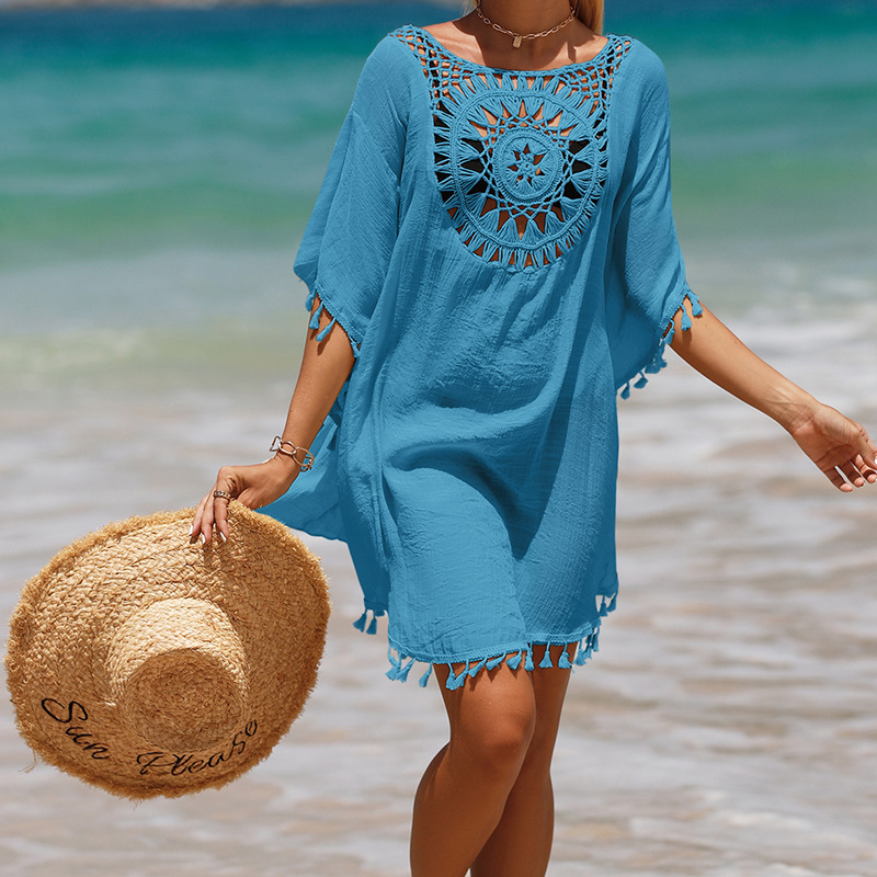 Cross-border Women's holiday hand hook solid color stitching European and American beach dress foreign trade Sun Protection short sexy beach blouse