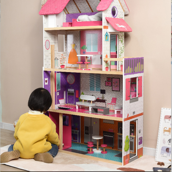 Four-Story Pink Doll House Luxury Villa Castle Furniture Girl Princess Play House Wooden Children's Toys Wholesale