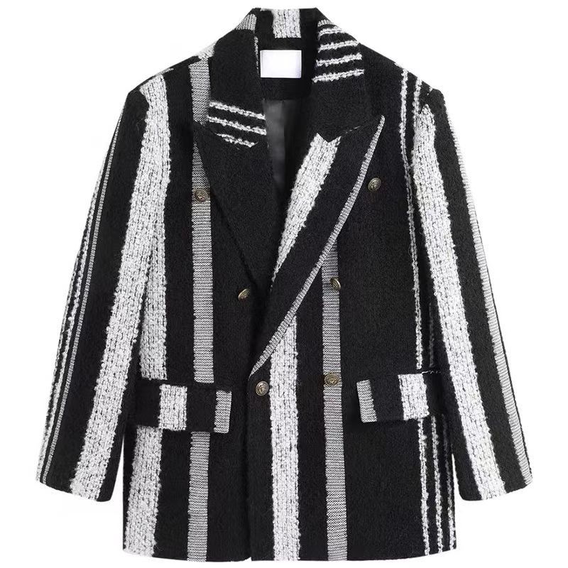 2022 autumn and winter New retro striped woolen fabric striped suit mid-length coat woolen skirt fabric