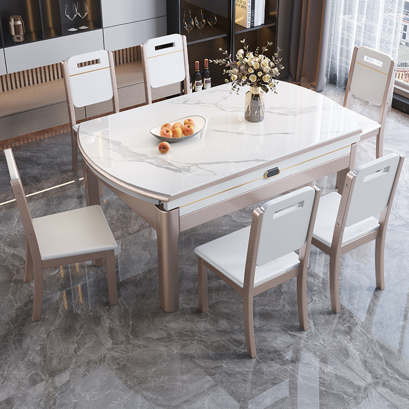 Italian Glossy Slate Dining Table and Chair Combination Table and Chair Set Modern Simple Retractable Folding Solid Wood Round Table