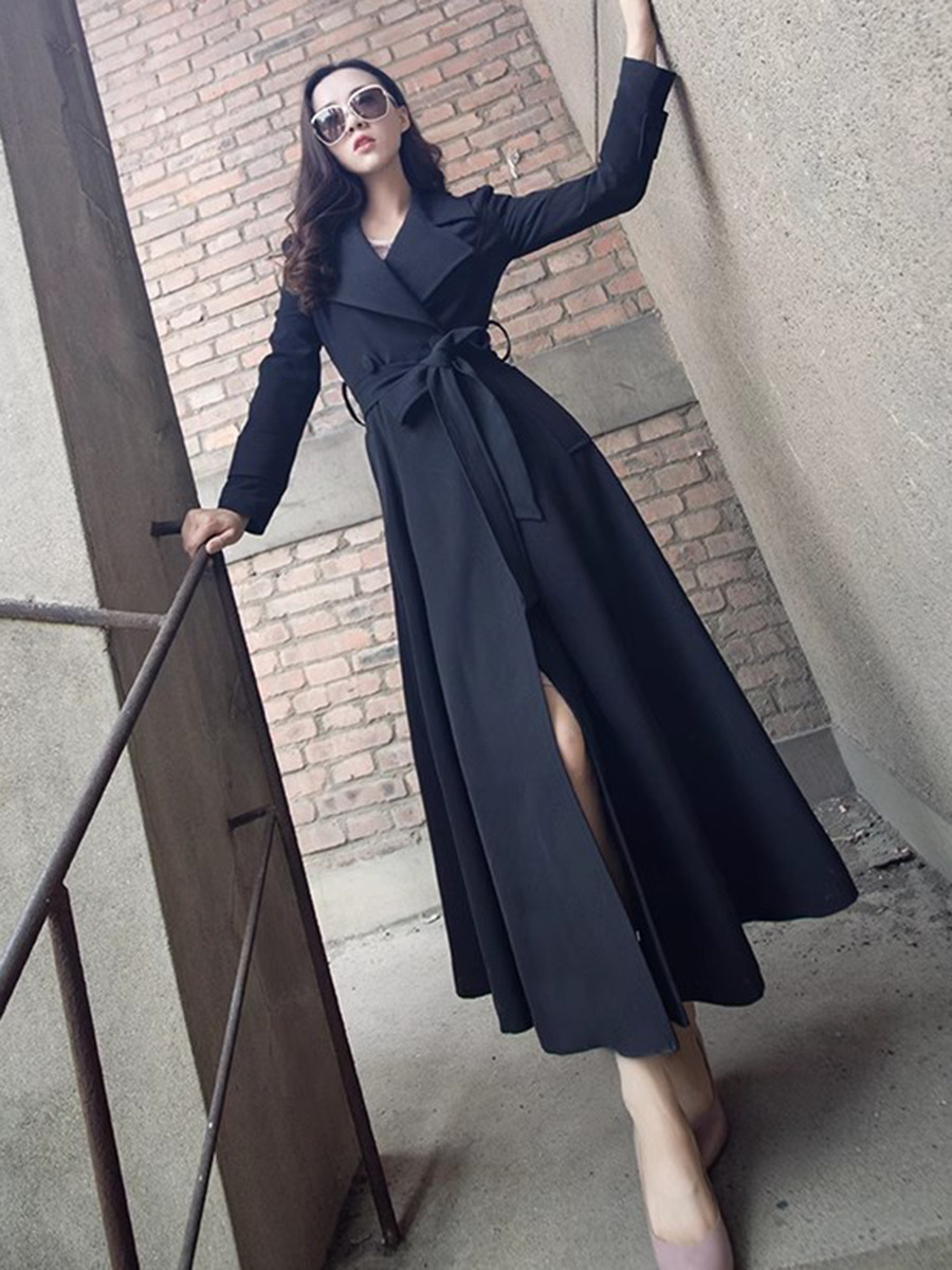 2025 Spring and Autumn Over-The-Knee Trench Coat Slim Fit Elegant Extra-Long Lace-Up Lapel Trench Coat Jacket Plus Size Slimming Waist