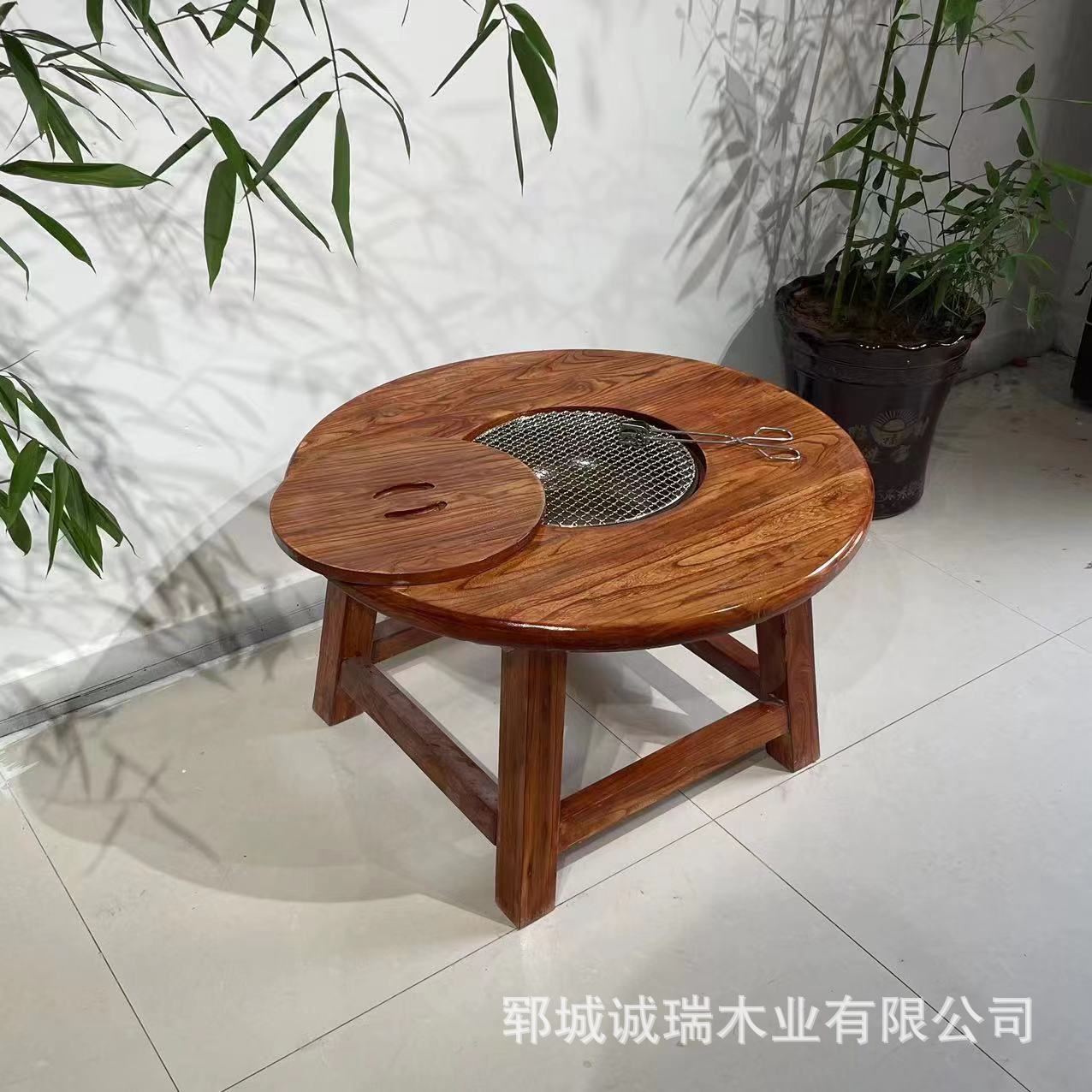 Spot Old Elm Stove Tea Table Solid Wood Round Ice Tea Table Home Balcony Hot Pot Table and Chairs Outdoor Stove Table