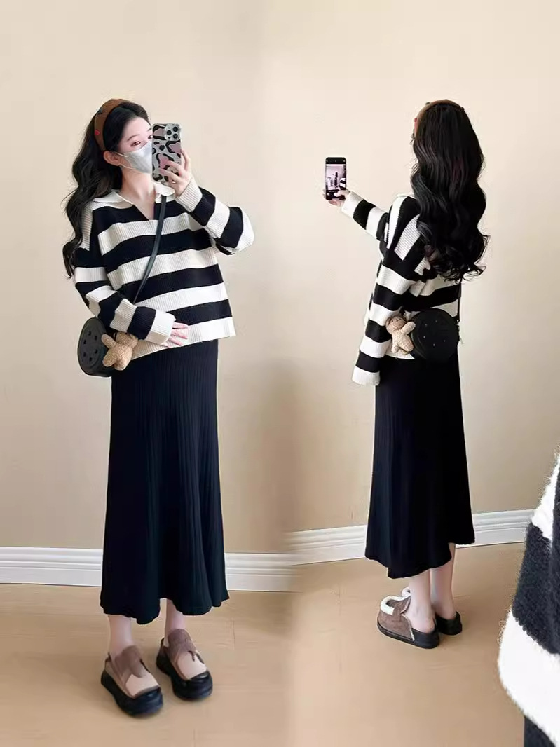 Pregnant Women's dress Autumn New Fashion Korean Style Striped V-Neck Knitted Sweater Elegant Slim Slip Skirt