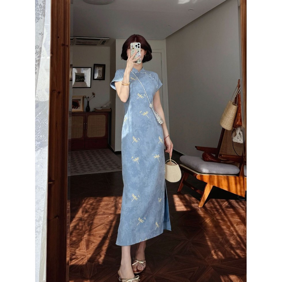 Jingshanying - Summer New Chinese Style Improved Little Dragonfly Print Unique Raglan Sleeve 2025 Summer New Women's Cheongsam