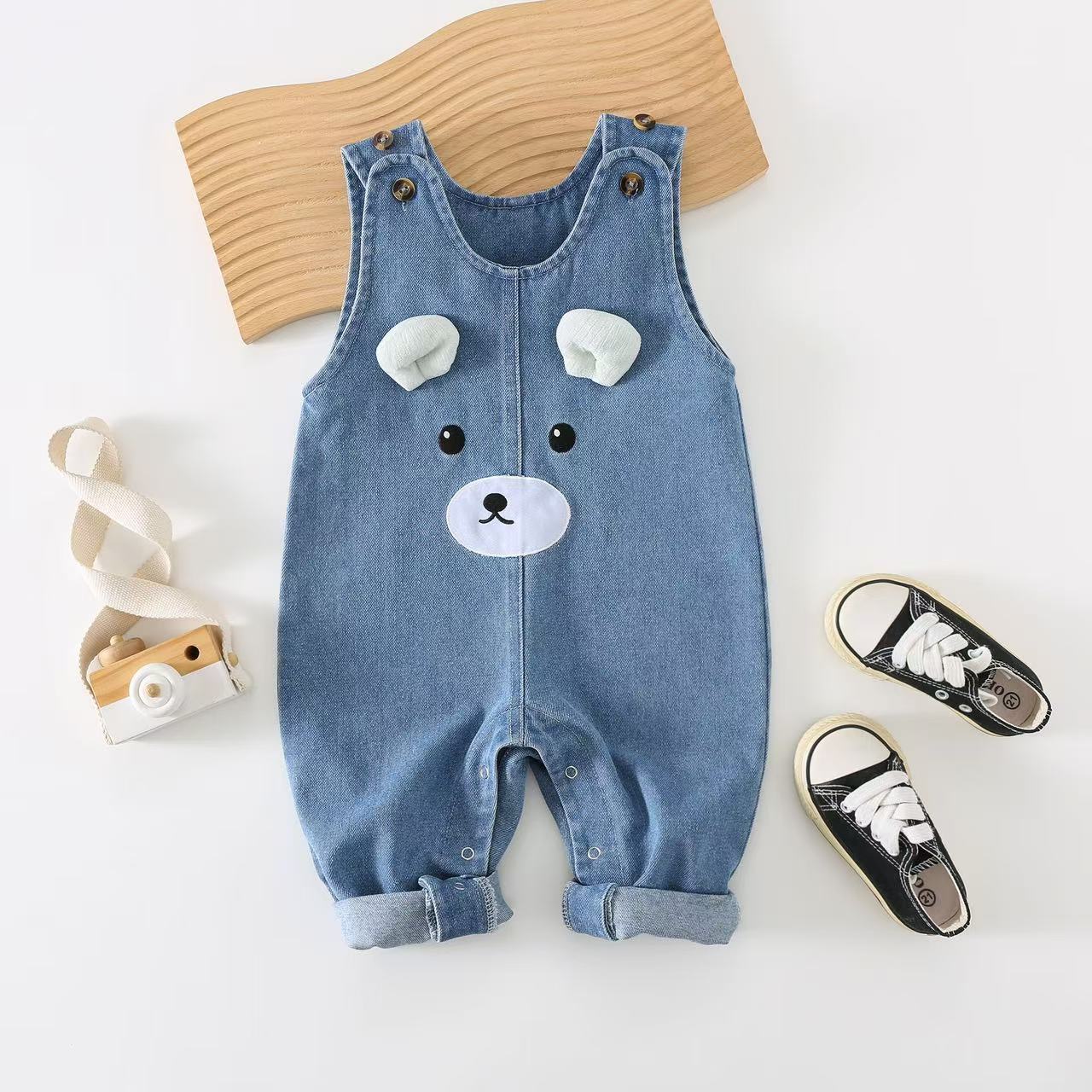 Baby's Soft Denim Strap Sleeveless Kid Sleeveless Cartoon Spring and Autumn Trousers for Boys and Girls Baby Climbing Clothes