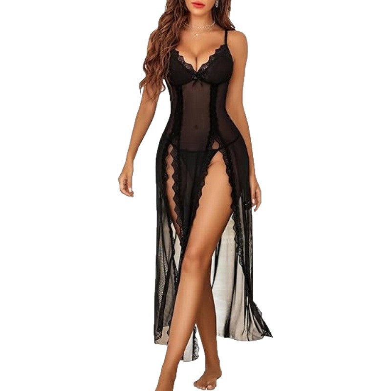 European and American Cross-Border Summer New Sexy Pajamas Set with Underwear Sexy Suspenders Mesh Nightgown Women's See-Through Extra Large Size