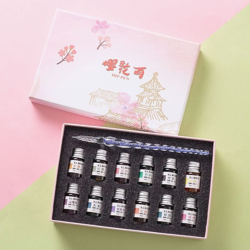 Glass Pen Starry Sky Dipped Fountain Pen Crystal Pen Ancient Style Color Ink Quicksand Pen Student Popular Birthday Gift Box Set