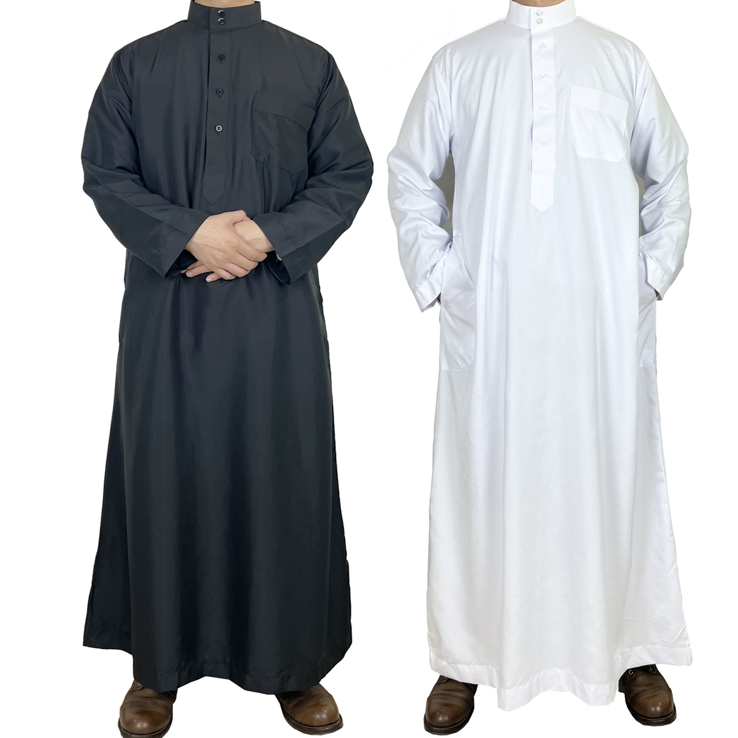 Cross border polyester men's robe Qatar stand collar robe pocket design Arab Middle East men's in stock wholesale