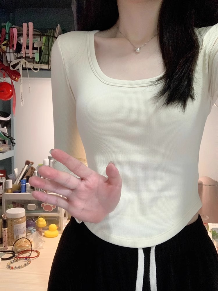 TikTok Autumn and Winter Thick Fleece Square Collar Long-sleeved T-shirt Women's plus size Slim-fit Inner Warm All-match Base Shirt Top