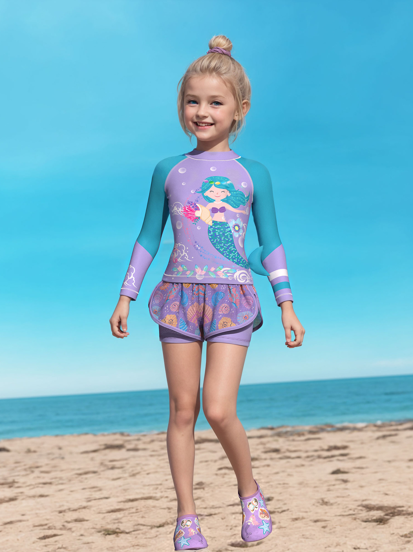 New Children's Swimwear Girls' Split Long Sleeve Beach Sports Net Boxers Skirt Swimwear Small, Medium and Large Children's Swimwear