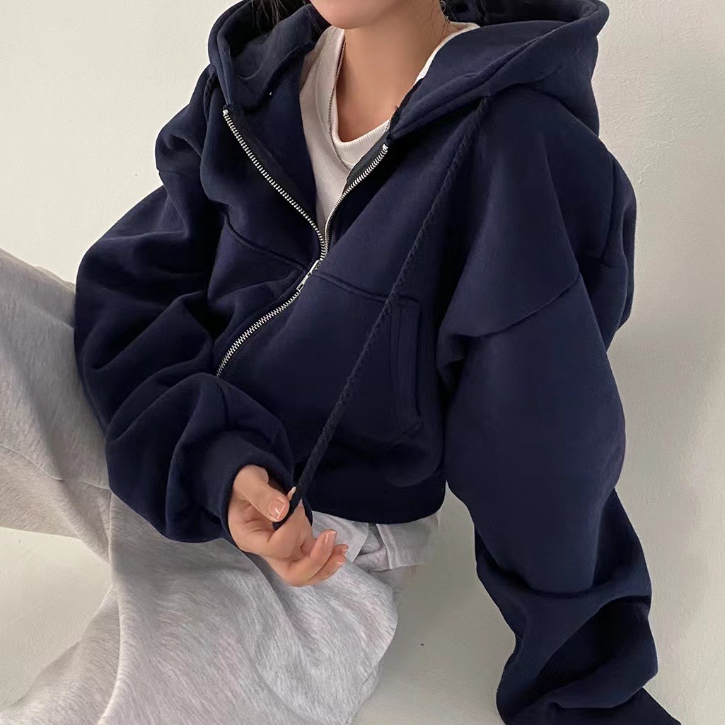 Autumn/Winter 2023 New Ins fleece-lined All-match Fashion Short Slim-fit Zipper Warm Solid Color Hooded Sweat for Women