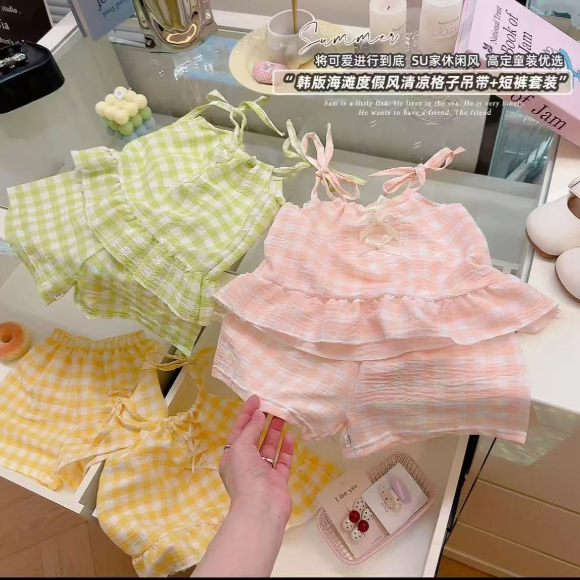 Summer Export Two-Piece Plaid Bow Suspender Suit for Girls, Stylish Plaid Vest Culottes, Internet Celebrity