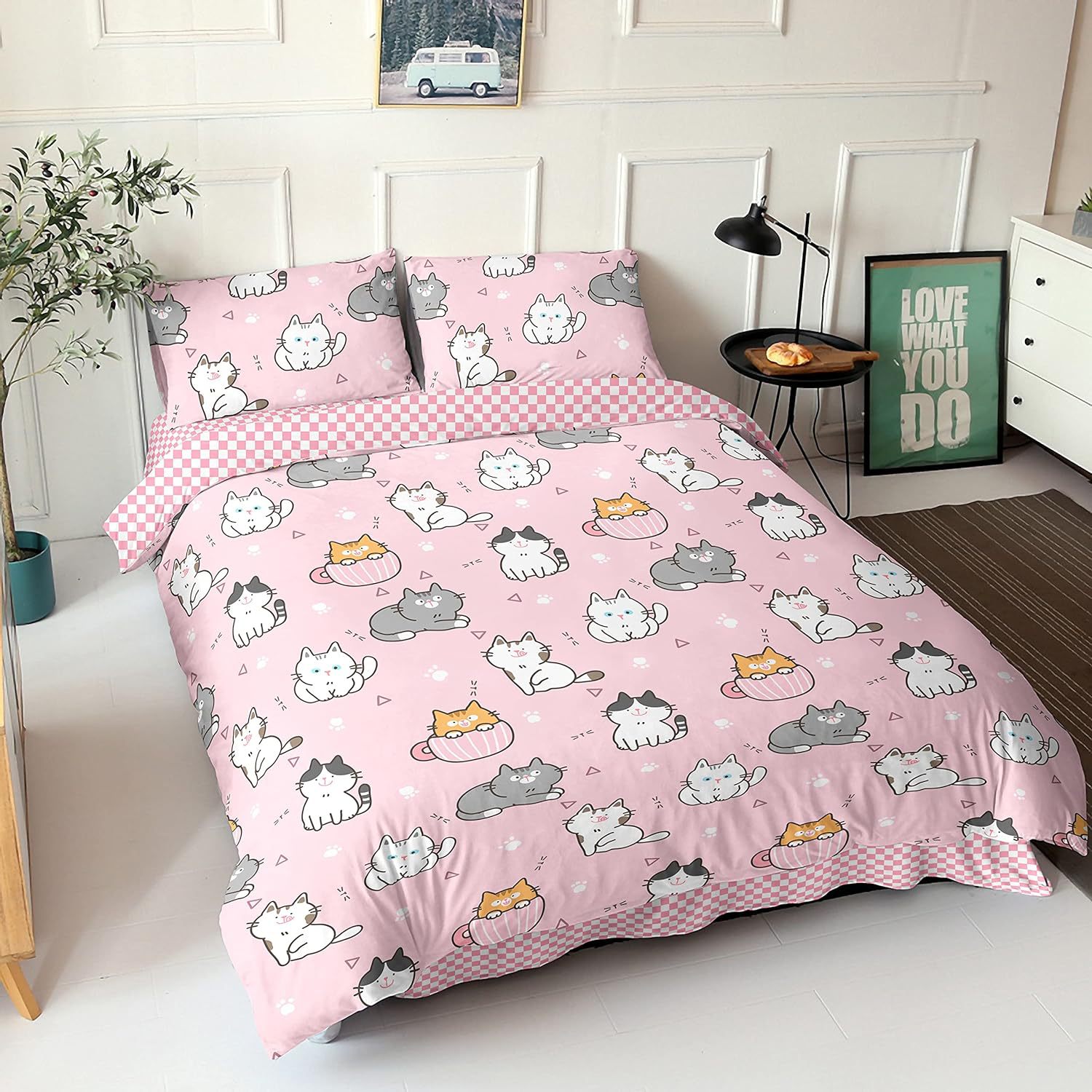 Cross-border bedding foreign trade three or four-piece pillowcase pink cute cat cartoon digital printing Amazon
