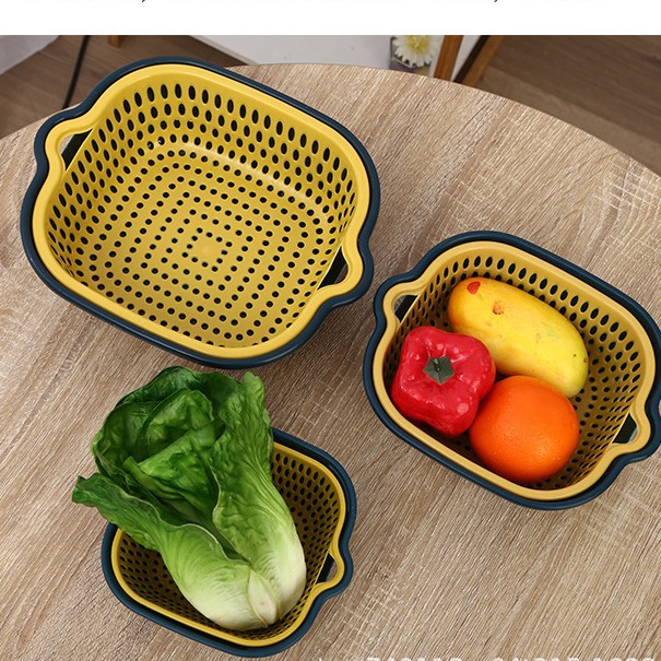 Double-layer Draining Basket Vegetable Washing Basin Kitchen Fruit Basket Plastic Hollow Draining Rice Washing Vegetable Draining Basket