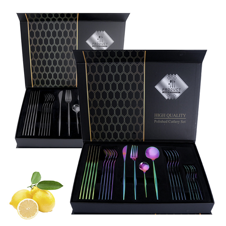 Cross-border Amazon Stainless Steel Tableware 24-piece Set Portuguese Western Tableware Golden Steak Knife, Fork and Spoon Gift Box suit