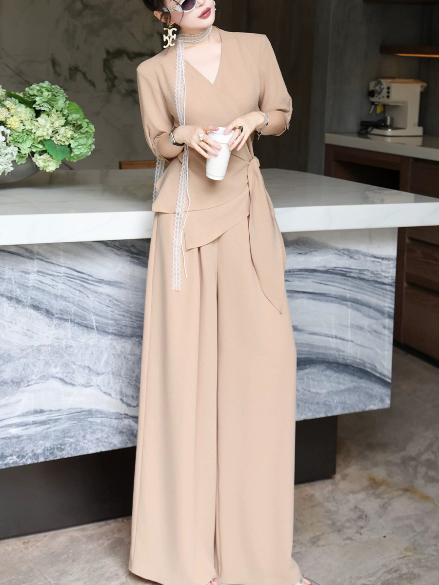 plus size women's summer new fashion suit women's chubby girl irregular waist strap wide leg pants two-piece 2590