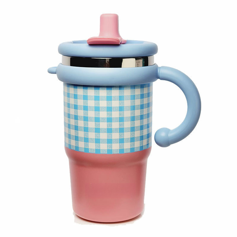 New Large-Capacity Double Drinking Cup, Small Ice Cup, Fashionable Plaid Stainless Steel Thermos Cup, High-Looking Straw Cup for Girls