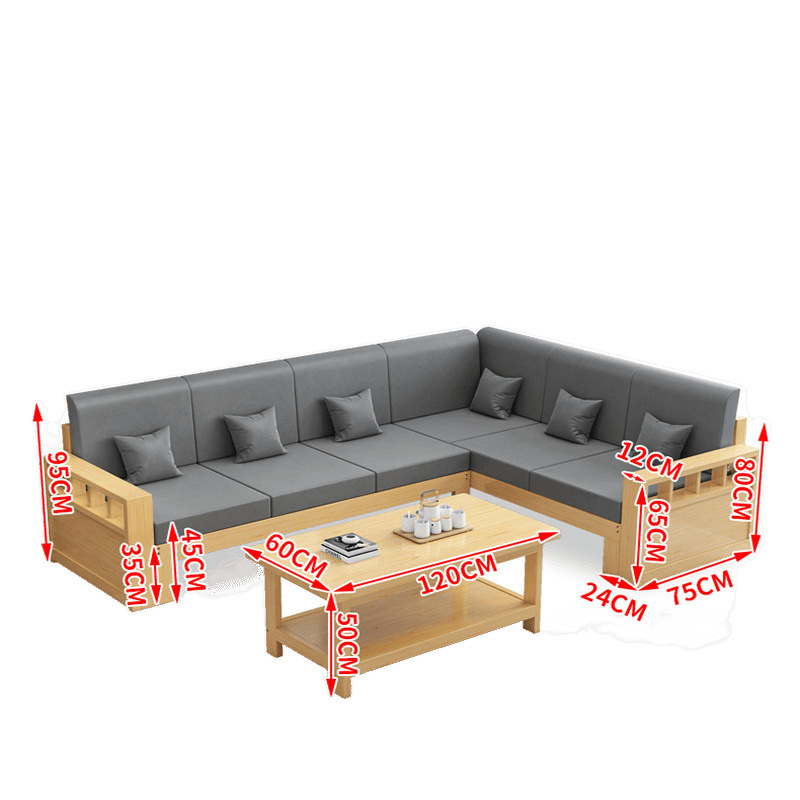 Simple Modern Solid Wood Sofa Coffee Table Combination Small Apartment Living Room Corner Chaise Lounge Pine Wood Sofa New Chinese Style