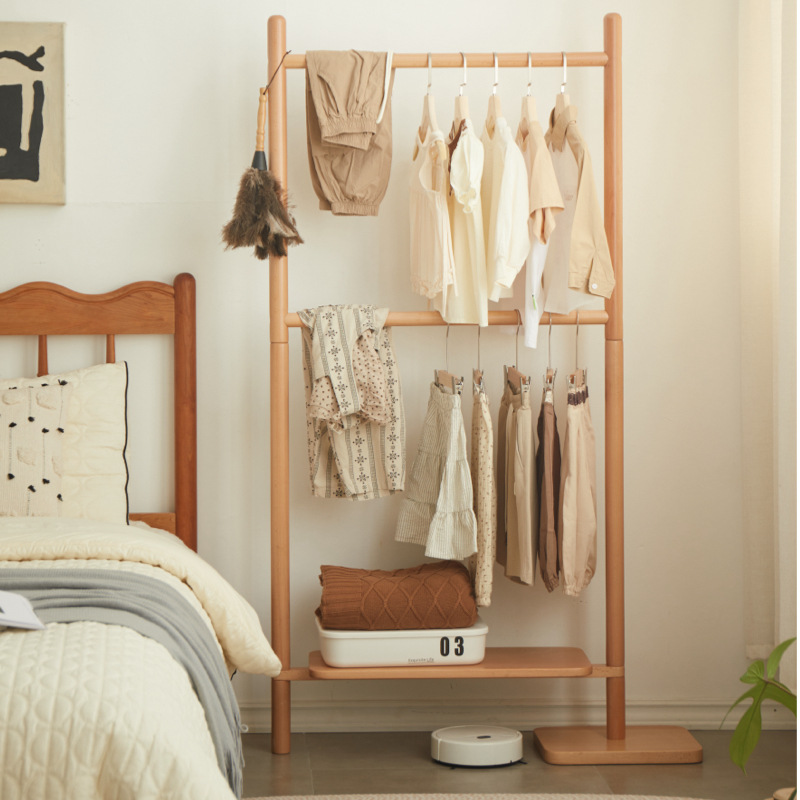 Solid wood coat rack Japanese-style simple children's clothes hanger bedroom floor-standing baby clothes hanger vertical storage hanger