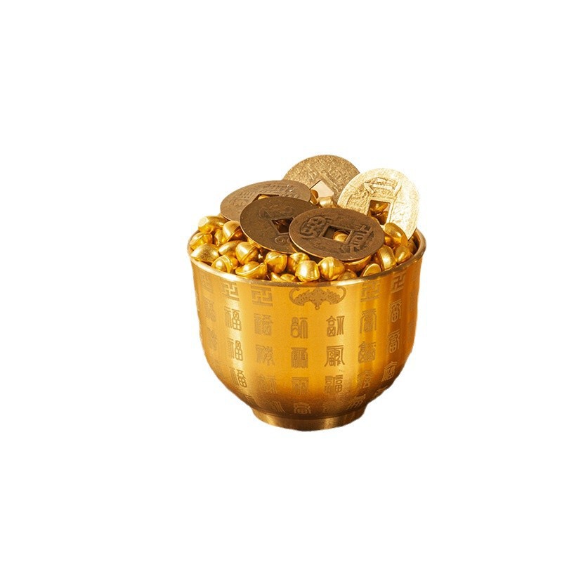 Brass Rice Jar Chinese-Style Fortune Cup Feng Shui Ornament Treasure Bowl Five Emperors Coins Copper Coins Manufacturer Wholesale