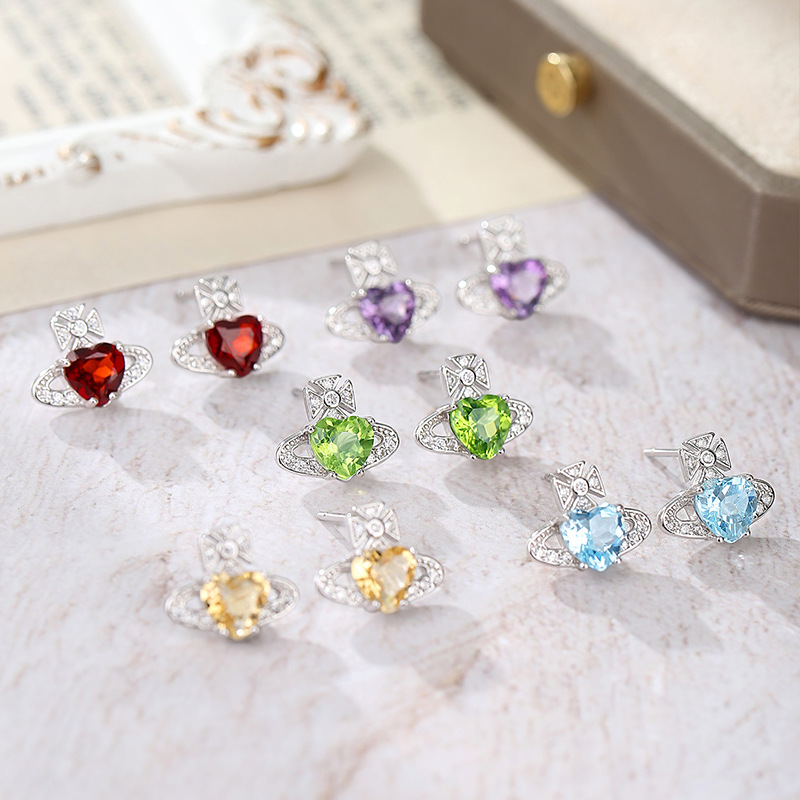 Empress Crystal Earrings Full of Diamonds Heart-Shaped Natural Stone Saturn High-End Design S925 Sterling Silver Niche Earrings for Women