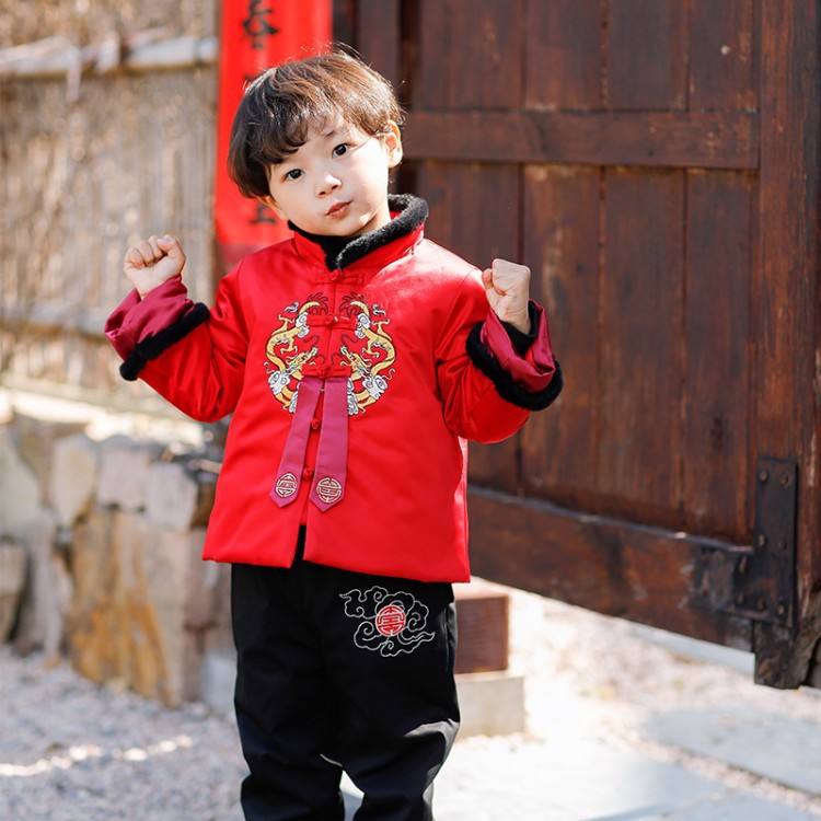 Children's Cotton Hanfu Suit Chinese Style Winter Tang Suit Wool Collar Thickened New Style Cotton Clothes Two-piece Set for Boys and Girls