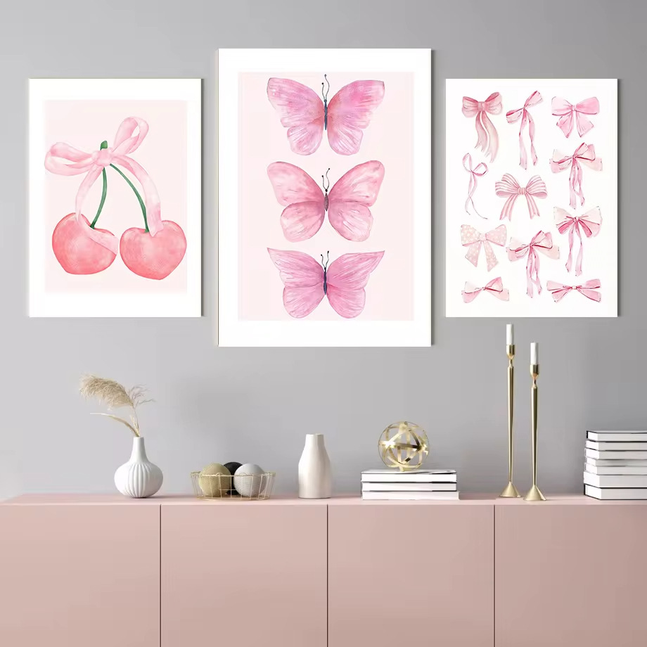 Scandinavian Dreamy Watercolor Pink Illustration Style Bow Living Room Bedroom Decoration Hanging Painting Core Frameless Poster