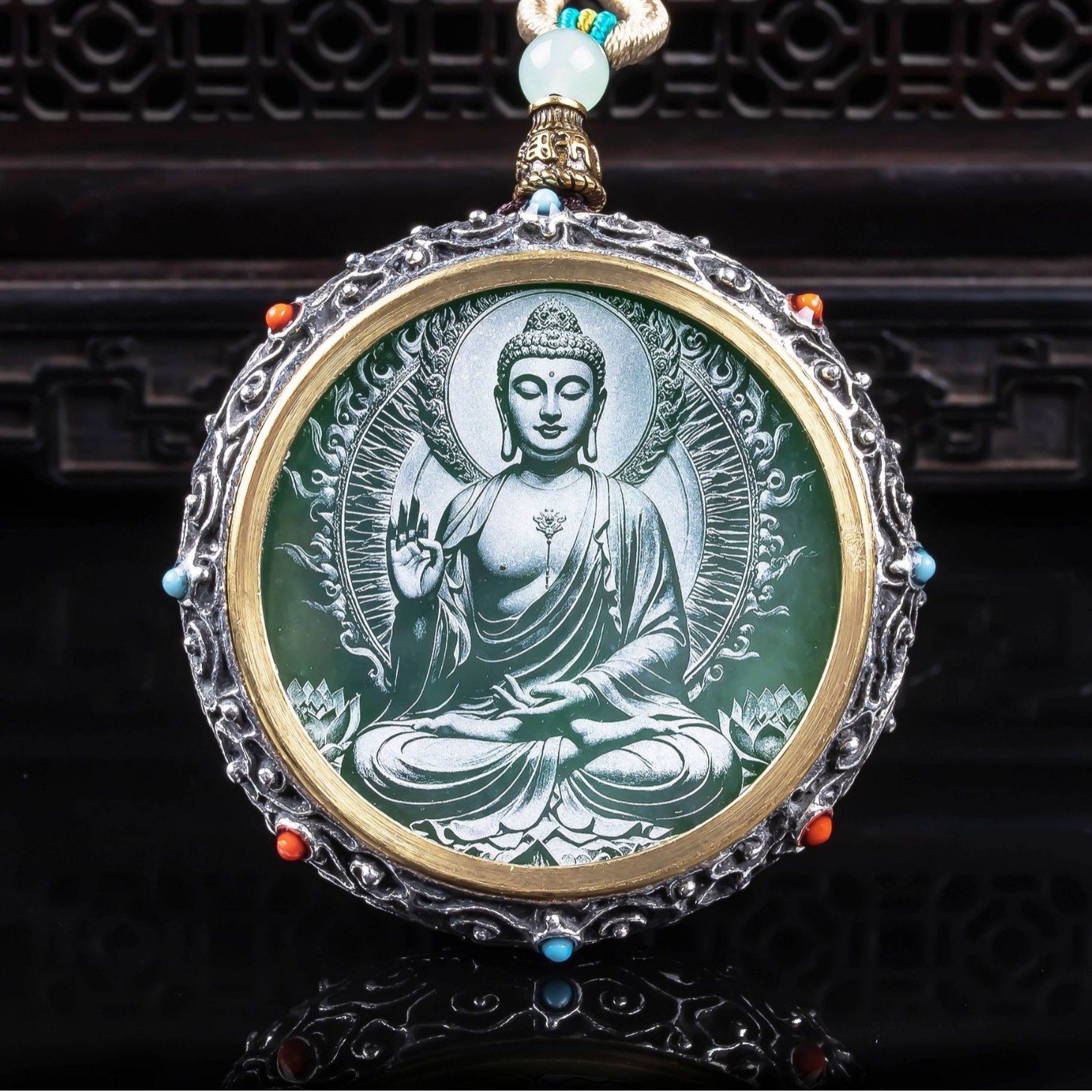Natural A-Grade Jade Eight Guardian Deities Fortune Wheel Inlaid with Fine High-Ice Jade Pendant Jadeite Beauty
