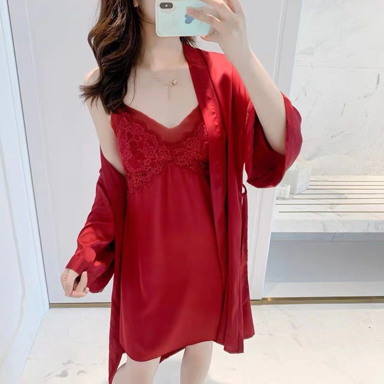 Strap pajamas sexy women's summer 2022 new nightdress with chest pad Summer Ice Silk plus size lace home wear