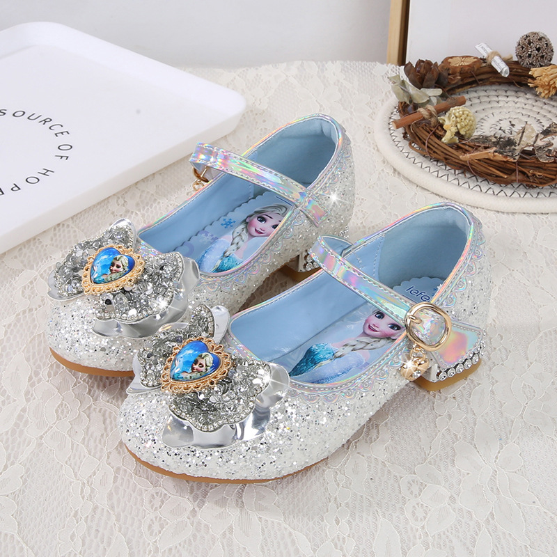 Elsa Princess Shoes Girls High Heels Spring and Autumn New Children's Sequin Shoes Spring and Autumn Single Shoes Little Girls Leather Shoes