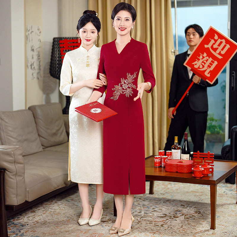 Свадебное платье для свекрови, китайское платье для мамы, весеннее платье, благородное платье чонгсам средней длины