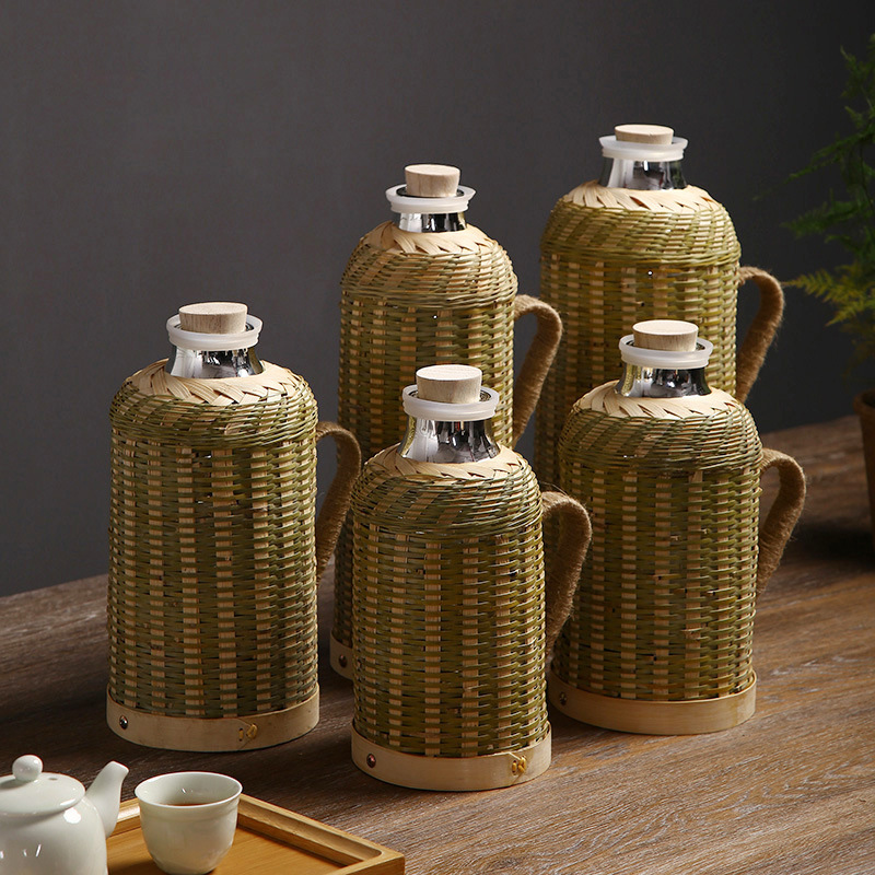 Hot Water Bottle Bamboo Woven Household Handmade Traditional Wooden Stopper Kettle Tea Room Office Thermos Glass Liner Hot Water Bottle