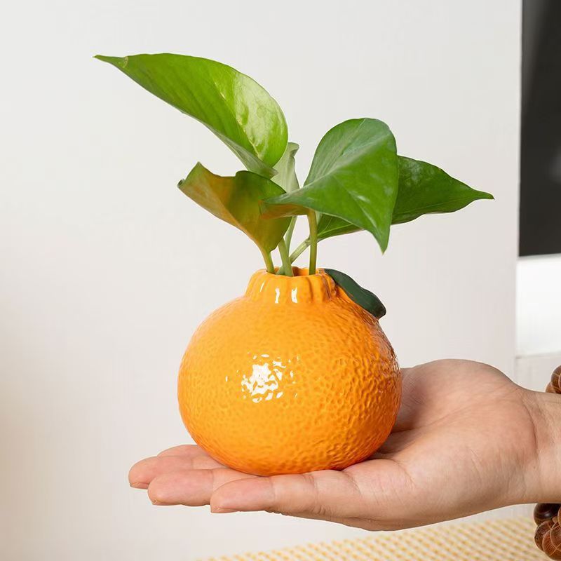 Creative Internet Celebrant Orange Ceramic Vase Water Raising Green Rose Hydroponic Vase Desktop Office Decorative Ornaments