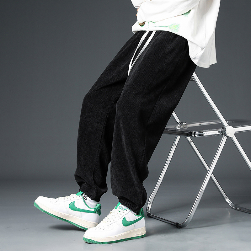 Corduroy ankle-tied fleece-lined sweatpants men's autumn new fashion brand loose draping wide-leg casual autumn and winter men's pants