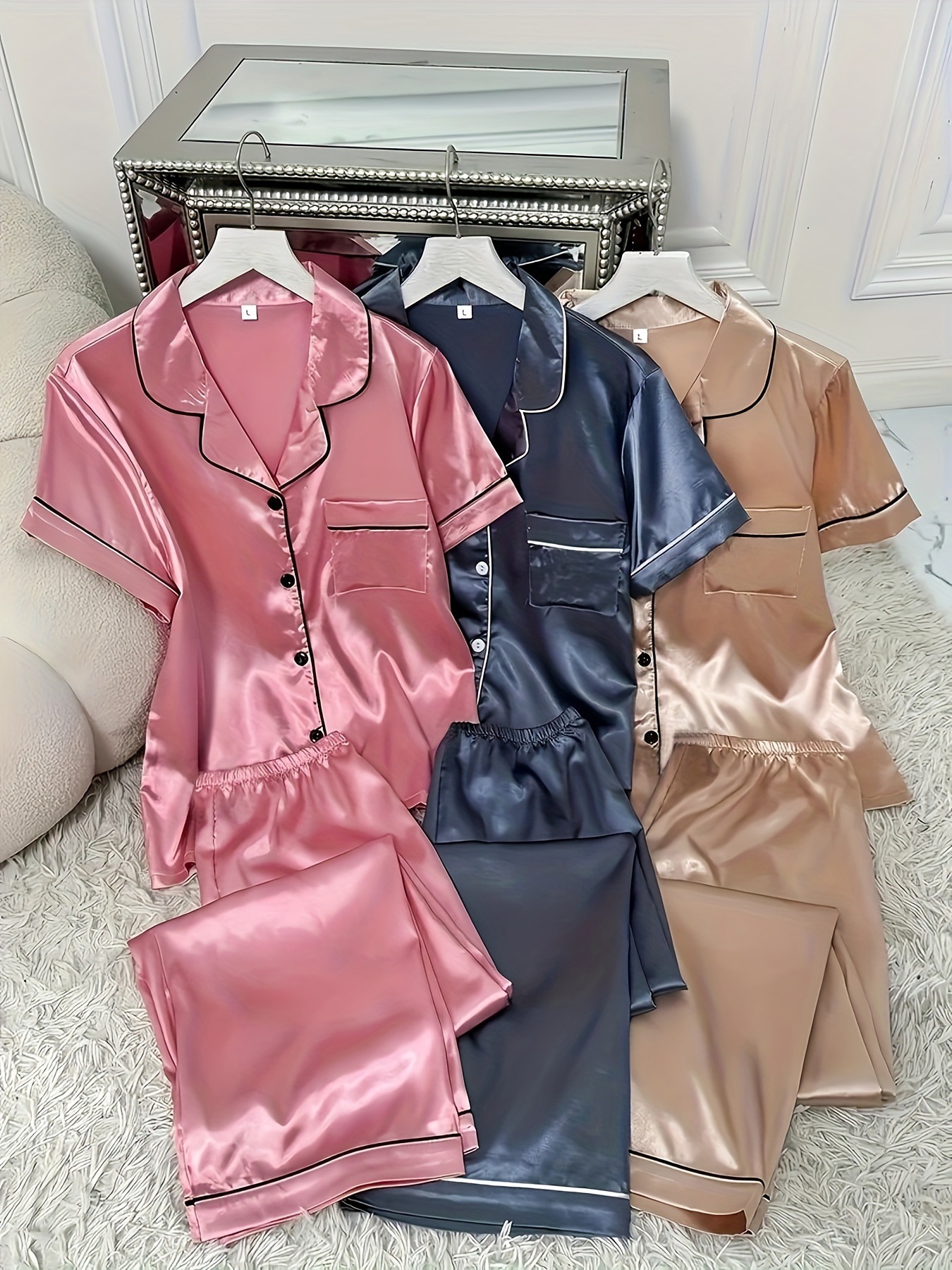 3 Sets Women's Solid Satin Casual Pajama Set, Short Sleeve
