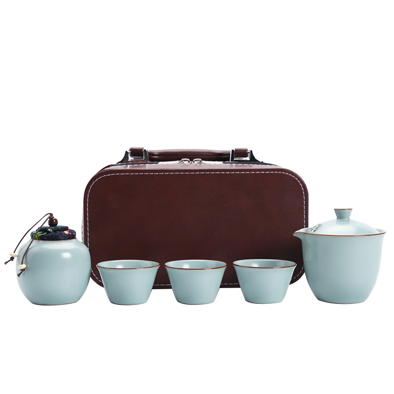 Travel Tea Set Portable Ru Kiln Express Cup One Pot Three Cups Outdoor Business Gift Printing logo Accompanying Gift