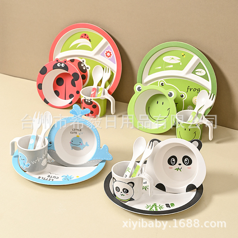 Bamboo fiber children's tableware suit creative cartoon bowl compartment dinner plate spoon fork cup five-piece gift tableware