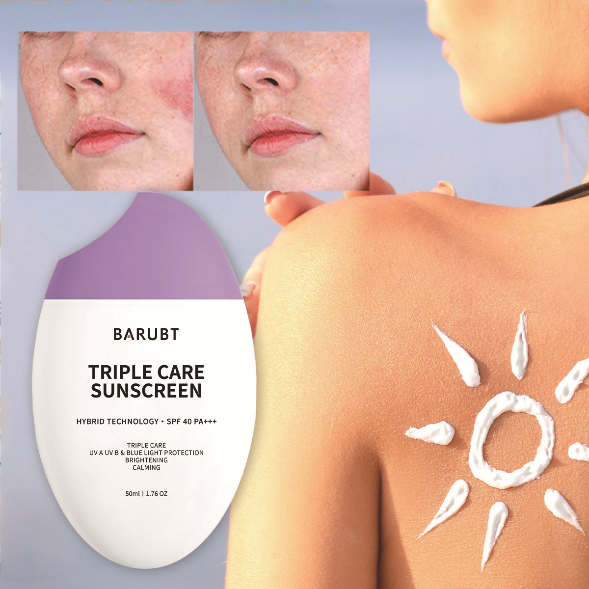 Cross-Border Barubt Triple Care Protective Cream, Protective Lotion, Uv Protection, Refreshing, Non-Greasy, Universal, Multi-Effect in One