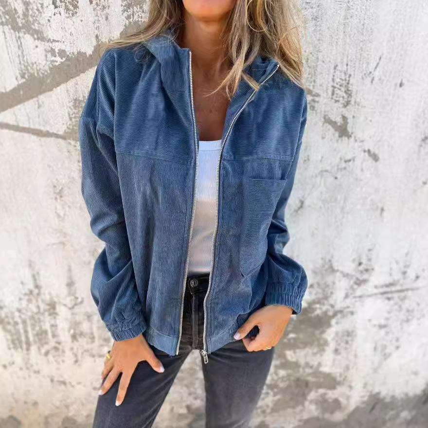 Куртка женская осенняя новая однотонная вельветовая с капюшоном, простая, европейского и американского стиля, для независимых станций, популярная на международном рынке