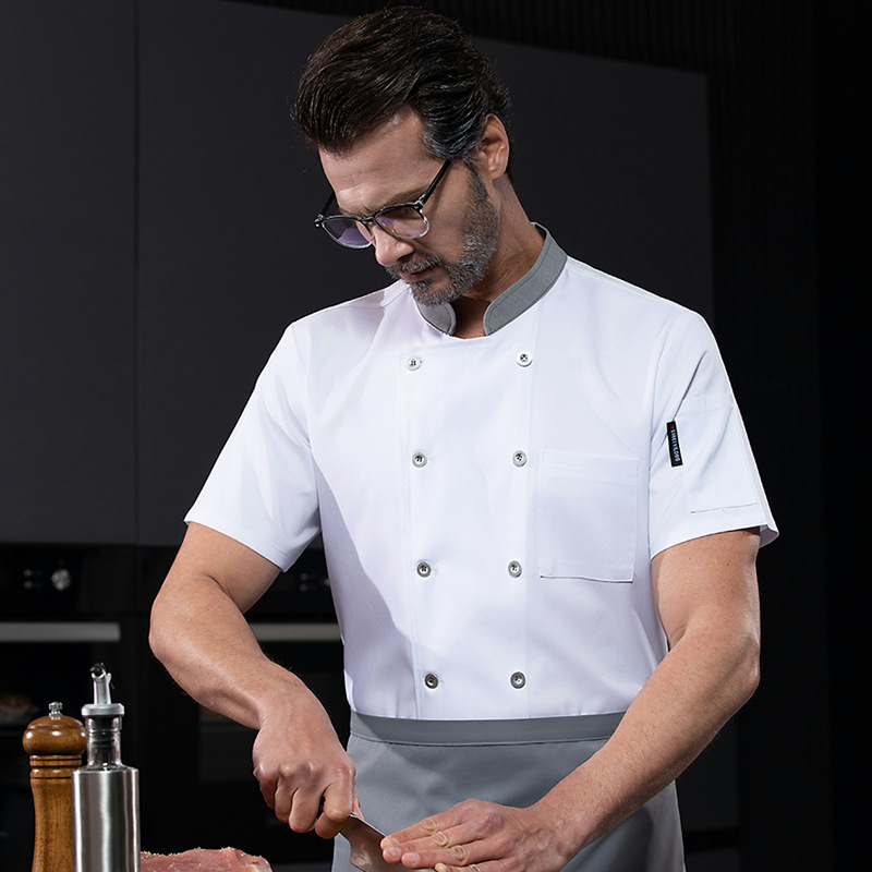 High-grade Stretch Chef Work Clothes Short-sleeved Summer Dining Hotel Kitchen Hotel Cake Shop Nooddle Kitchen Work Clothes