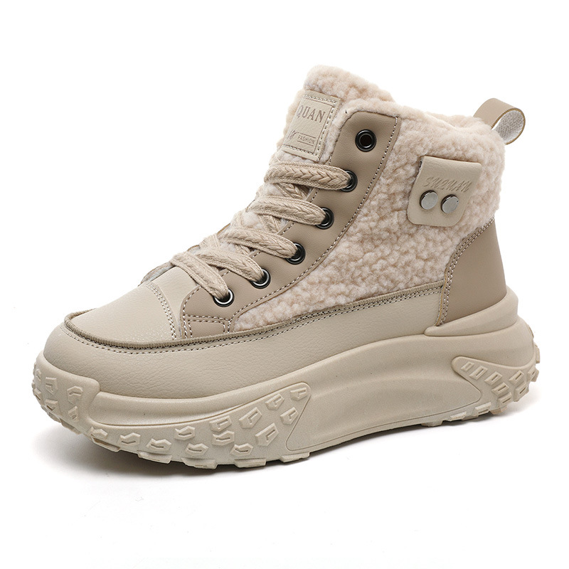 K6701 new 2023 winter high-top women's shoes fleece-lined cotton shoes warm lamb velvet thick bottom increased Korean ins students