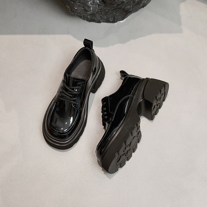 Thick-soled leather shoes women's British style 2025 spring new lace-up round toe single-layer shoes thick-soled soft-soled loafers