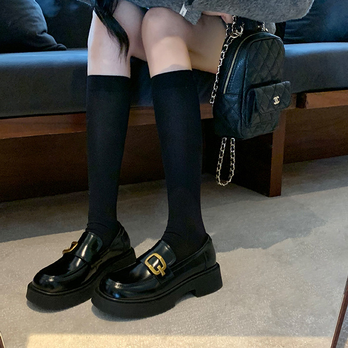 Sheepskin Version ~ Noble Gold Buckle Round Toe British Style Lazy Thick Heel Loafers Women's Genuine Leather Thick-Soled Small Leather Shoes Flats