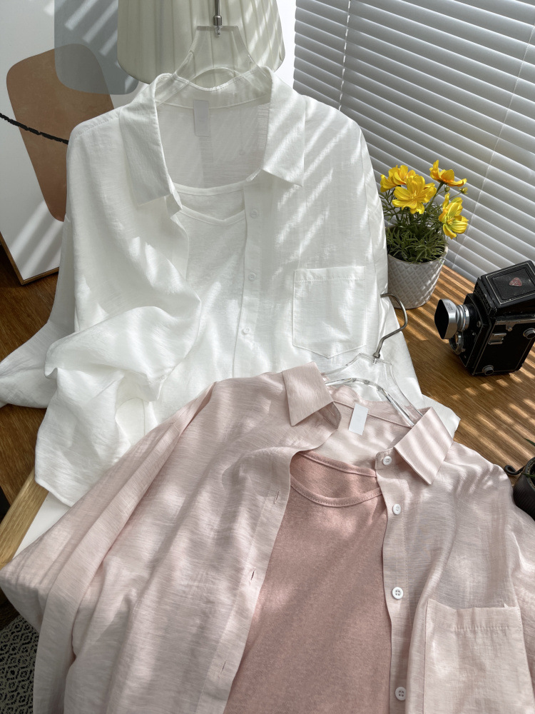 French Ice Silk Sunscreen Shirt for Women, Summer Silk Thin Shirt, High-End Anti-Wrinkle Long-Sleeved Sunscreen Top Two-Piece Set