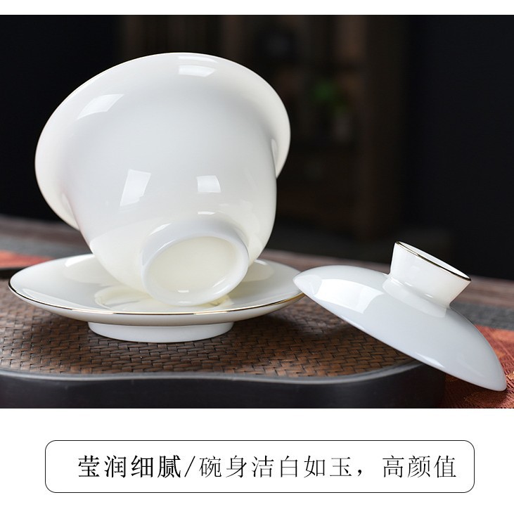 Sheep fat jade cover bowl white porcelain three-talent tea bowl tracing gold pure white tea bowl large kung fu ceramic tea set wholesale gift