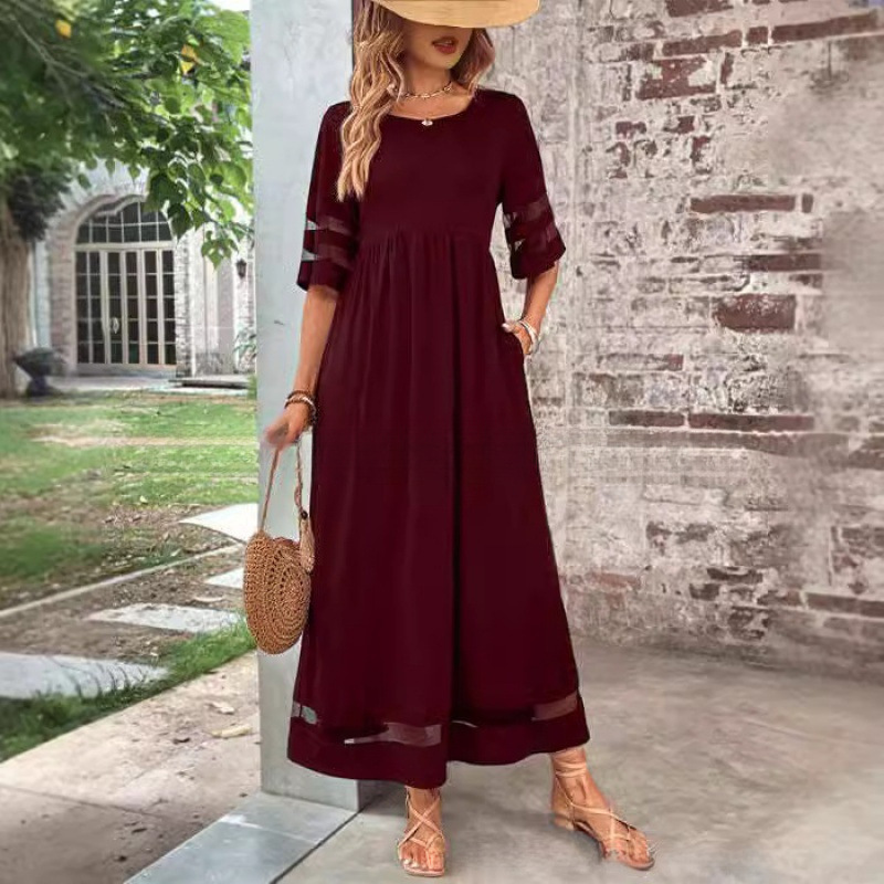 2025 Hot-Selling Cross-Border Trade New Model Plus-Size Women's Dress with Five-Quarter Sleeves, Mesh Round Neck, and Patchwork Pockets
